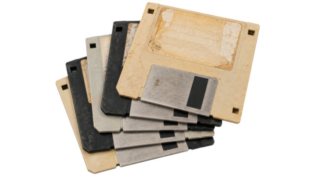 Retro aged stack of floppy disks, small pile of square magnetic data disks with metal shutters, yellowed beige and dark plastic. Studio shot isolated on white background for retro gaming design.