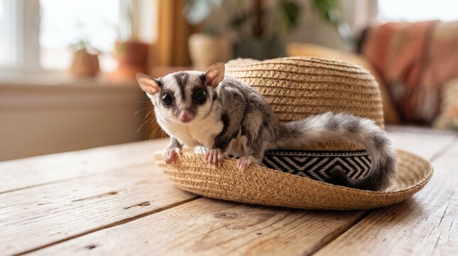 Cute Sugar Glider Resting on a Straw Hat Indoors.