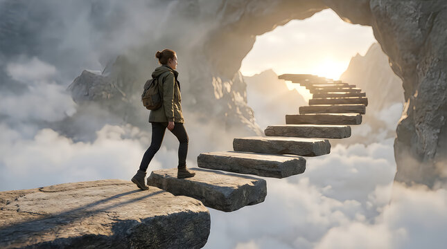 A lone traveler walking up stone stairs leading into a bright glowing portal in the clouds