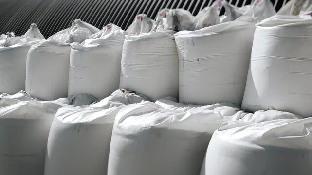 Rows of large white bulk bags stored at an industrial facility for handling, storage and transportation of bulk materials and agricultural commodities.