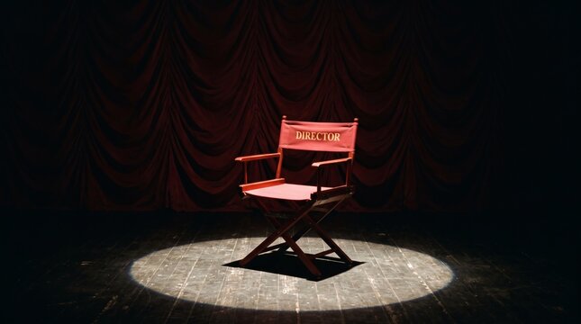 Empty Directors Chair Illuminated by Spotlight on Stage.