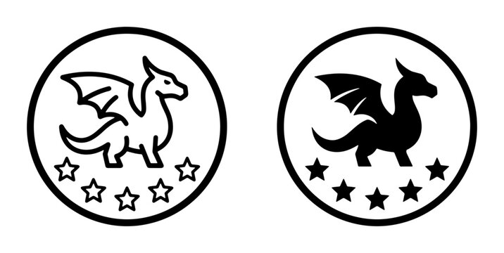 Dragon Icon Set, Mythical Creature Symbols, Fantasy Beast Graphics, Five Star Rating Badges, Outline and Silhouette Vector Art