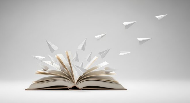 Open book with floating paper airplanes emerging from its pages on a clean grey background