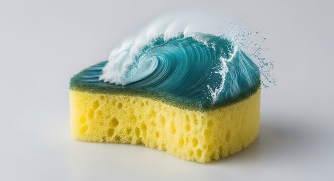 Creative concept of a sponge with a breaking ocean wave on top