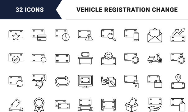 License Plate Registration Transfer Web Icon Set in Linear Style. Collection of Plate Relocation line icons, including registration, ownership, vehicle paperwork, transfer, compliance, renewal.