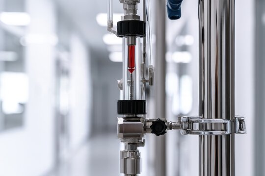 Industrial flow meter with a red indicator in a clean modern laboratory setting.
