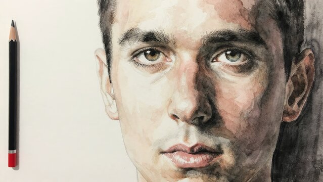 Watercolor Portrait of a Young Man with Intense Expression