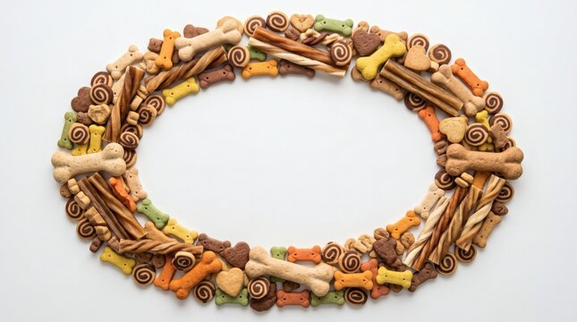 Oval frame made of dog treats and biscuits on a white background.