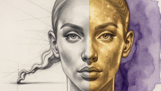 Duality of Beauty: Split Portrait with Artistic Elements and Colors