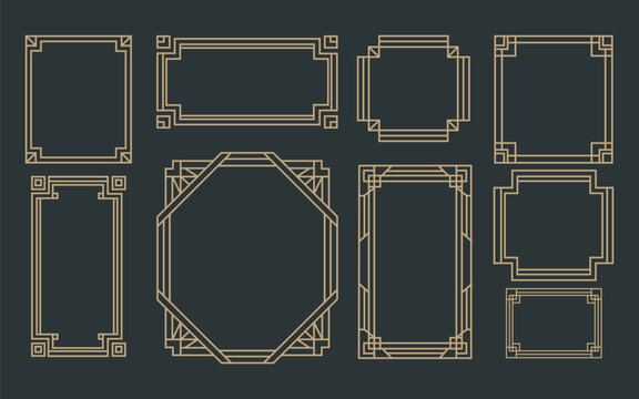 Art deco golden geometric border frames set vector illustration. Vintage luxury linear ornament frames, 1920s gatsby style border collection for wedding invitation, poster, certificate design.