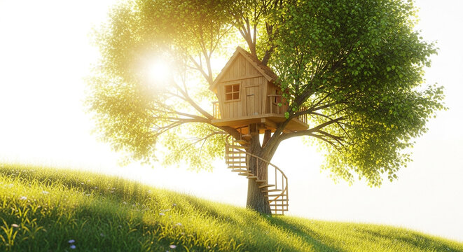 Wooden treehouse with a spiral staircase built in a large tree at sunset