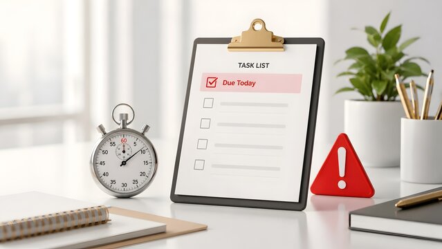 Due Today Urgent Task List Warning Alert With Clipboard And Stopwatch Concept