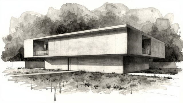 Modern Architectural Design with Abstract Sketch and Landscape Elements