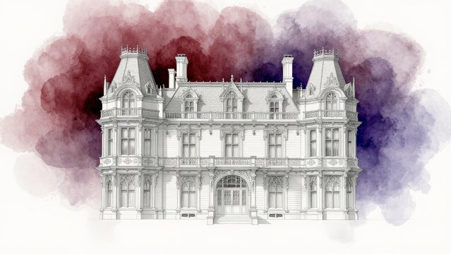 Elegant Victorian Mansion Sketch on Artistic Background Watercolor