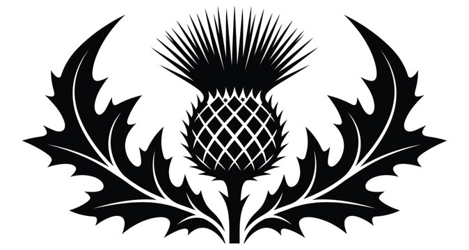 Stylized black thistle flower with sharp leaves, representing Scotland and resilience.