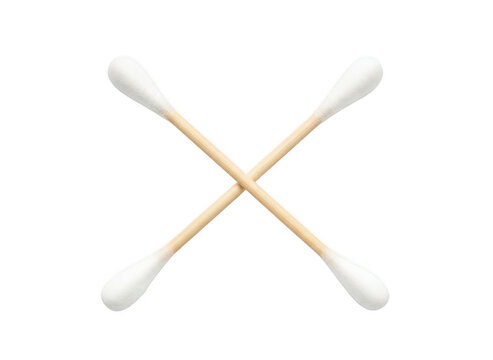 Two cotton swabs crossed over each other, white cotton tips and wooden sticks, isolated on a black background, hygiene and skincare concept isolated on a transparent background