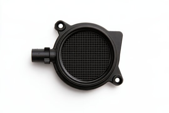 A modern black mass air flow sensor with a protective metal mesh isolated on white background.