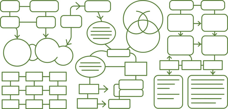 Green flowchart diagrams and organizational charts on white background with clean lines for business concepts