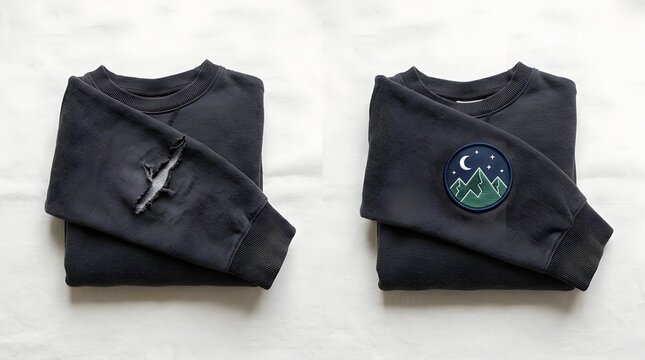 Dark gray folded sweatshirt with damaged sleeve and mountain patch detail