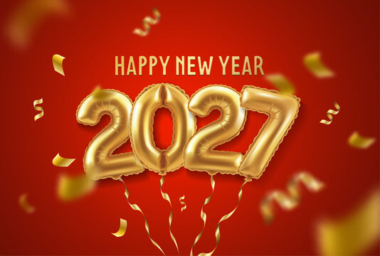 Realistic vector 3D Happy New Year 2027 background with golden foil number balloons, curling ribbons and flying confetti. Festive holiday celebration design on a bright red background.