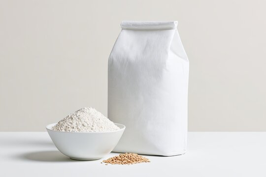 White paper flour bag with ceramic bowl of wheat powder food