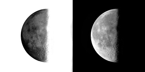 First quarter moon lunar phase revealing half circle surface with sharp crater details isolated on transparent background for science. © Pure Pixels (PNG)