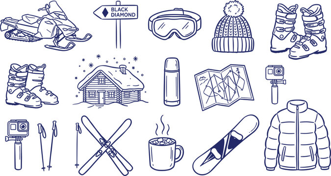 Ski resort outline vector illustration featuring snowmobile, chalet, skis, and winter sports equipment for outdoor design