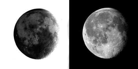 Three quarter moon display with detailed topography and craters set against transparent png and black backgrounds for visual design. © Pure Pixels (PNG)