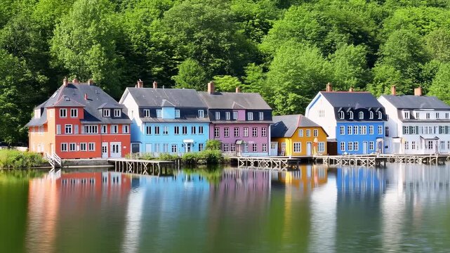 Colorful waterfront houses stand beside calm reflective water, forming a bright row of red, blue, purple, yellow and white facades beneath a densely forested hillside in clear sunlight