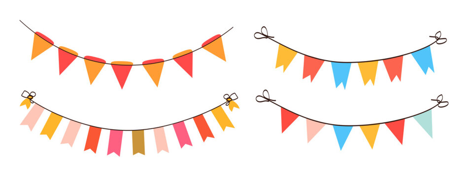 Carnival garland with flags vector set. Decorative colorful party pennants for birthday celebration, festival and fair decoration party vector flat design.