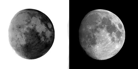Waning gibbous lunar phase graphic design featuring highly detailed craters on transparent and solid black background setups. © Pure Pixels (PNG)