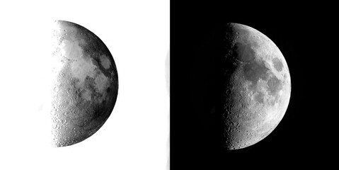 Detailed half moon graphic element showcasing crater details on transparent grid and solid black background for composite designs. © Pure Pixels (PNG)