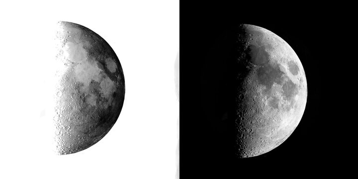 Detailed half moon graphic element showcasing crater details on transparent grid and solid black background for composite designs.