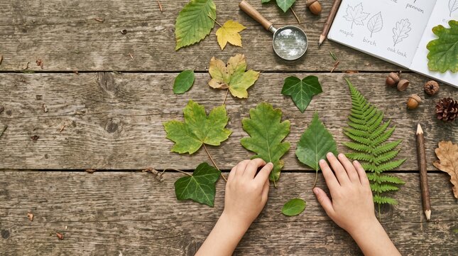 woodland classroom for children concept. Child examining various green and yellow leaves on a wooden table with tools.
