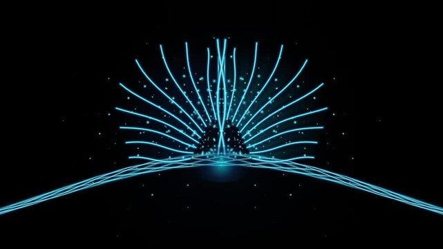 Abstract Futuristic Palm Tree Silhouette Growing with Digital Light Animation on Dark Wave Background