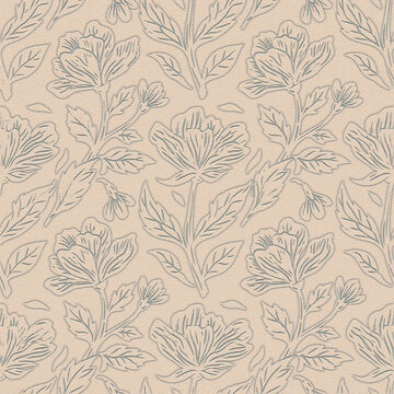 Magnolia floral pattern seamless camellia botanical vintage blossoms branch leaves woodcut wallpaper textile blooming background