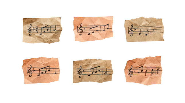 Old crumpled paper pieces with musical notes isolated on white isolated on transparent background