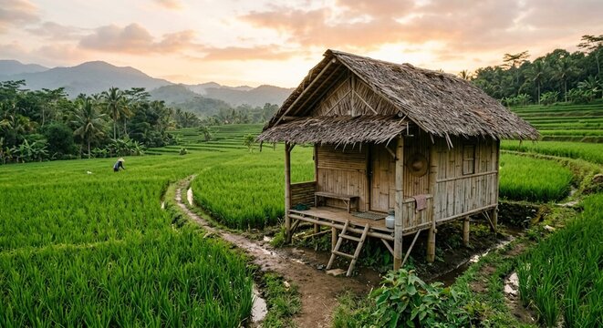 bamboo hut in the middle of lush green and serene rice fields