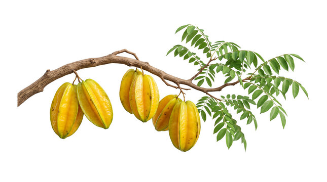Starfruit branch bearing yellow carambola fruits and green leaves provides tropical agricultural elements for exotic food marketing.