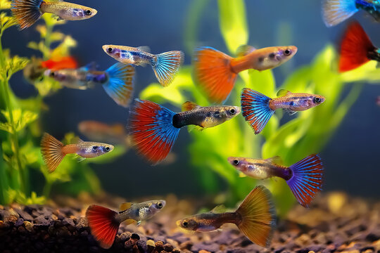 Farbenfrohe Guppys schwimmen im Aquarium