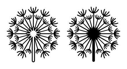 Obraz premium Dandelion Seed Head Vector Icons, Black and White Silhouette Designs for Nature and Spring Themes, Blowball Flower Graphics