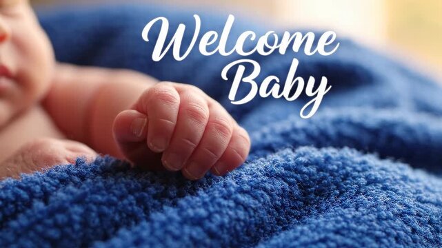 Close-up of a newborn baby's tiny hand resting on a soft, blue textured blanket with 'Welcome Baby' text overlaid, symbolizing new life and joy.
