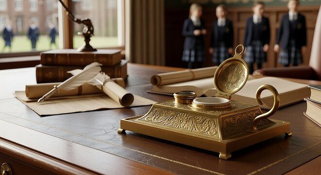 An antique wooden desk featuring a polished brass inkwell and feathered quill rests inside a classic school headmaster office while students in uniform gather near the large window in the room