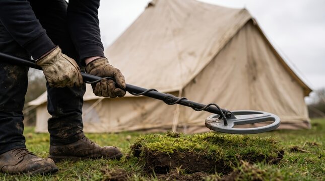 A person using an electronic metal detector tool to search for hidden treasure under the soil.