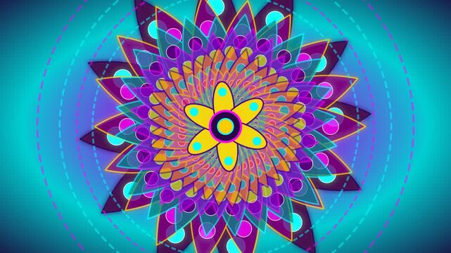 Vibrant psychedelic mandala pattern featuring colorful overlapping geometric petals and glowing circles on cyan background