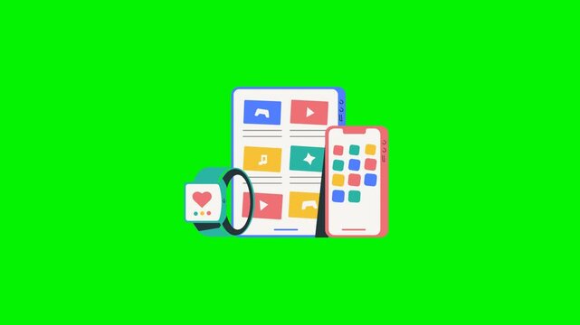 Flat pastel tablet, smartphone and hollow-strap smartwatch. All icons appear, move and shrink away in a seamless ten-second loop, starting and ending with empty screens.