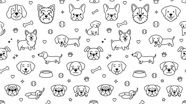 Seamless Pattern Design Featuring Cute Cartoon Dog Faces Puppies Bones And Paw Prints