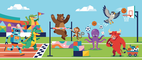 Naklejka premium Cartoon animals and robot playing various sports on a stadium field.