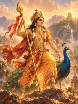 Lord Murugan with Peacock in a Temple Setting