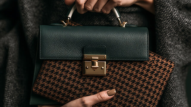 A closeup shot of a fashionable woman holding a stylish green leather and houndstooth patterned handbag in winter clothing